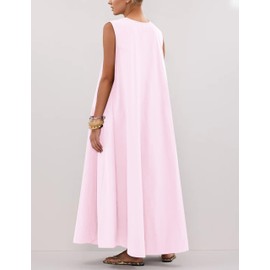 AIHUKOCY Women Ruched Scoop Neck Sleeveless Maxi Dress Wide Pleated Strap Midi Dress Solid Loose Long Dresses with Pockets Pink
