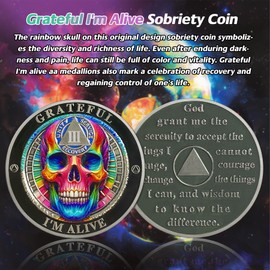Rainbow Skull 3 Year Sobriety Coin - Grateful I'm Alive AA Coins - Recovery Addiction NA AA Chips and Medallions - 1-10 Years Living Clean Narcotics Alcoholics Anonymous Gifts for Men Women