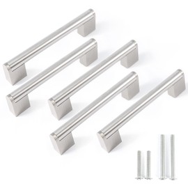 FULGENTE Brushed Nickel Drawer Pulls, Stainless Steel Chrome Modern Cabinet Handles Kitchen Hardware Cupborad Armoire Wardrobe, 5 inch Hole Center - 6 inches Total Length（ Pack of 5 ）