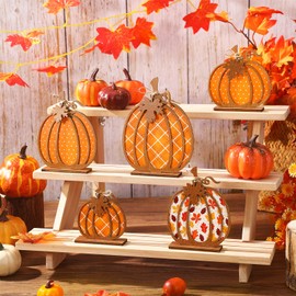 Ferraycle 5 Pieces Thanksgiving Pumpkin Decor Fall Table Wooden Sign Pumpkin Centerpiece Thanksgiving Tiered Tray Decor for Home Harvest Party Supplies