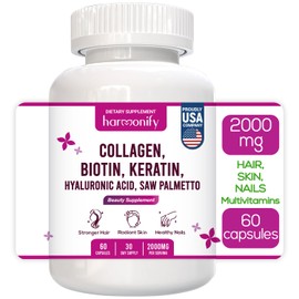 HARMONIFY Collagen Biotin Keratin Hyaluronic Acid Complex Supplement with Vitamin E, Folic Acid, Pumpkin Seed and MSM, 60 Capsules, 1000 mg