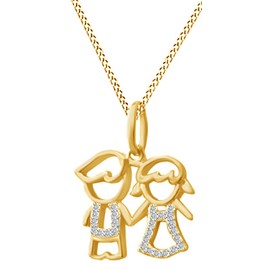 AFFY Cubic Zirconia Son Daughter Two Kids Twins Family Pendant Necklace 14k Yellow Gold Over Sterling Silver