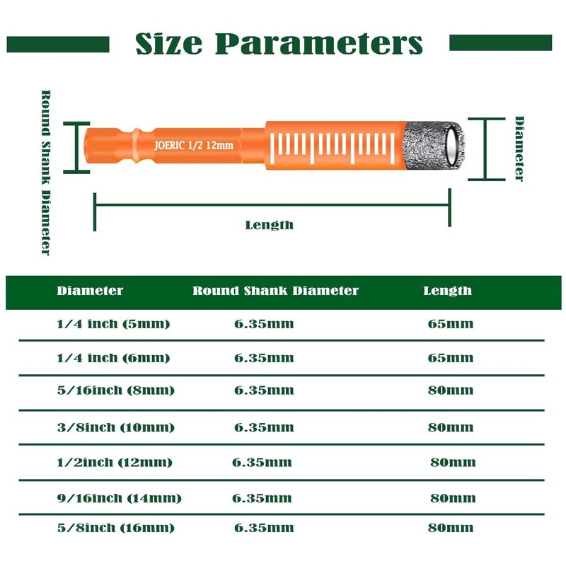 JOERIC Orange 1/4" Dry Diamond Drill Bit Set, 10 PCS