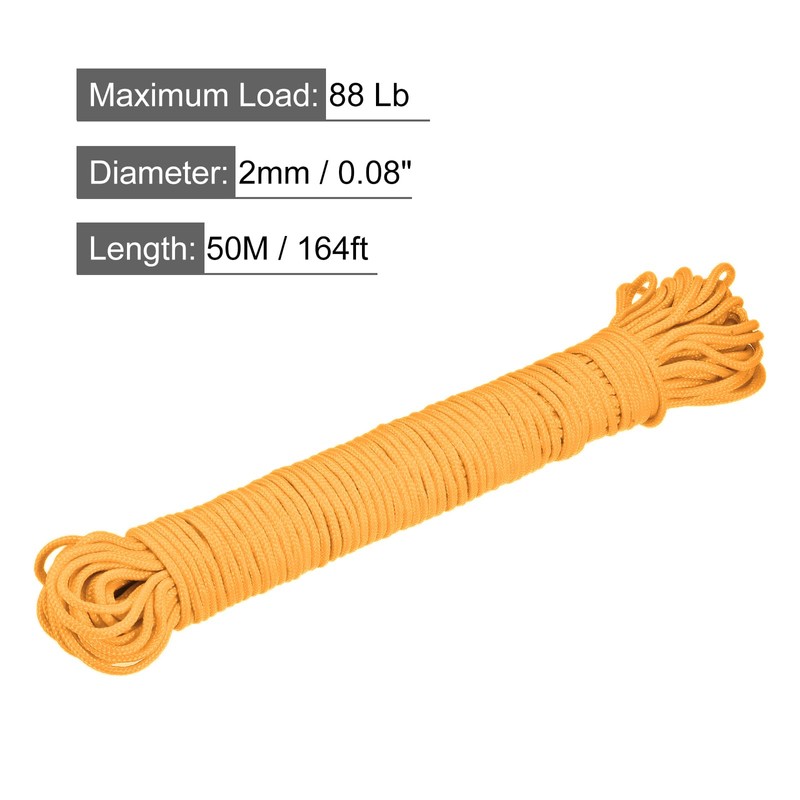 sourcing map Polypropylene Rope Braid Cord 50M/164ft 2mm Dia Yellow