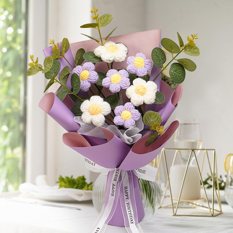 Fenteer Crochet Flower Bouquet Already Made Hand Woven Bouquet Mother