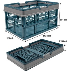 VALESKA 17" Plastic Milk Crate (Deepblue),33L Collapsible Crates for Storage, Foldable Collapsible Shopping Basket with Handles,Car Trunk Basket,for Kitchen
