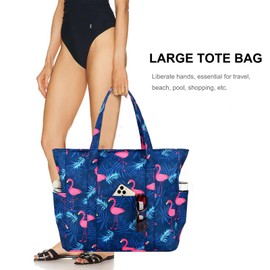 Octsky Beach Bag Large Roomy Tote Beach Bags for Women Waterproof Sandproof Dual Zipper Wet Pocket, Flamingo Blue