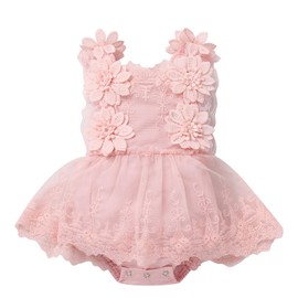 FYMNSI Newborn Baby Girl 1st Birthday Outfit Lace Dress Sleeveless Bodysuit Dress with Flowers Headband, pink