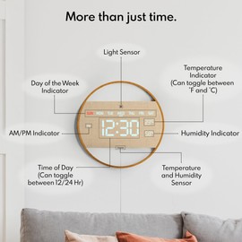 Driini Modern Large Digital Wall Clock - Bamboo Wood with Large LED Display- Day of Week, Time, Temperature, and Humidity - Aesthetic Living Room Clock or Office Wall Clock - Desk or Wall Mount.