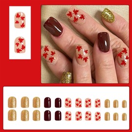 Fall Maple Leaf Short Square Press on Nails with Gold Glitter Design Fake Nails Leaf False Nails Autumn Maple Leaf Glue on Nails Brown Stick on Nails Full Cover Acrylic Nail Art Kit for Women 24 Pcs