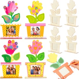 Lineshading 4 Sets Mother's Day Hand Picture Frame Crafts, Unfinished Wooden DIY Handprint Flower Pot Picture Frame, Keepsake Gifts for Spring Mother's Day Party Home Activities