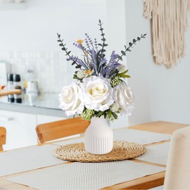 HOPEME Artificial Flowers in Vase, Silk White Rose Flower Arrangements, Rustic Farmhouse Faux Flowers for Coffee Table Décor, Floral Centerpieces for Dining Table Centerpiece Décor