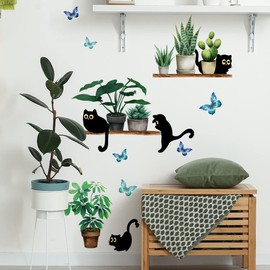 ZARROUEA Wall Sticker Black Cat Stylish Art Birds Wall Spring House Plants Green Potted Plants 3D Flower Wallpaper Sticker Cat 3D Sticker Butterfly Diy Wall Decoration Wall Sticker Green