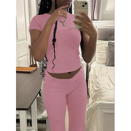 AYWA Women's 2 Piece Lounge Sets Short Sleeve Crop Top Foldover Flare Pants Casual Pajama Outfits (Pink, Large)
