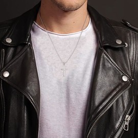 18K-Gold-Plated Cross Necklace for Men, 925 Sterling Silver Mens Cross Necklace, 30 Inch