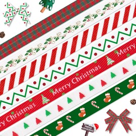 ALIBBON 7 Rolls 35 Yards 3/8" Merry Christmas Ribbon Christmas Tree Grosgrain Ribbons for DIY Crafts Christmas Decor, Red Green Buffalo Plaid Ribbons for Christmas Gift Wrapping Bows Crafting Supplies