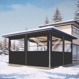 FoundGo 8(H) x10(W) ft Heavy Duty Vinyl Gazebo Curtain Replacement with Window,Privacy Gazebo Curtain Outdoor Waterproof Windproof and Snowproof in Winter for Garage,Pavilion,Balcony-Black-1pc