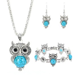3PCS Retro Owl Jewelry Set Bohemian Turquoise Owl Necklace Earring Bracelet Set Red/Blue/Black/Pink/Purple Crystal Owl Set Owl Pendant Necklace Owl Drop Dangle Earrings Owl Bracelet Set for Women (Blue)