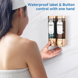 Shampoo and Conditioner Dispenser，Refillabe Shower Soap Dispensers 2 Chamber No Drill Shampoo Dispenser for Shower Wall Mounted 2 * 300ml Container for Bathroom Hotel (Gold 2 Chamber)