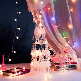 Dremisland Double Circle White Feather Dream Catcher with Mobile LED Fairy Lights Wall Hanging Ornaments Ceiling Decor for Bedroom Decor Wedding Decorations Boho Chic Party Nursery Decor