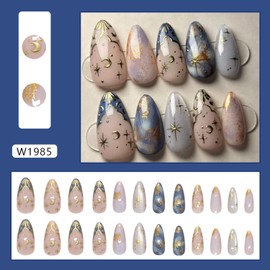 Vopintpy Gold Star Moon French Tip Press on Nails Gold Foil Cat Eye Fake Nails with Design Glossy Long Almond Artificial Stick on Nail Full Cover Acrylic Glue on Nail for Women DIY Manicure