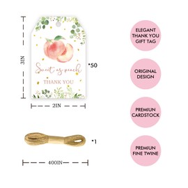 50pcs Peach Thank You Tags, Sweet Peach Gift Tag with String for Girl Birthday Party, Sweet One Thank You Paper Tags for 1st Birthday/Engagement/Wedding Party Favors