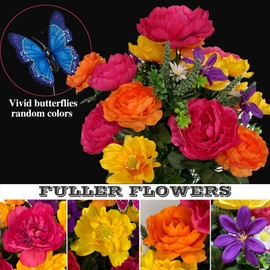 HENOMO Silk Cemetery Flower with Vase for Grave | Set of 2 Artificial Memorial Bouquets for Tombstone | Non Bleed Color | Graveside Decorations Outdoor