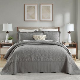 SahSahCasa 100% Cotton 120"x120" Bedspreads, Oversized California King Bed Spread Quilt Set, Cal King Quilted Coverlet Extra Large Quilts, Embroidered Damask Pattern Bed Set Lightweight Comforter