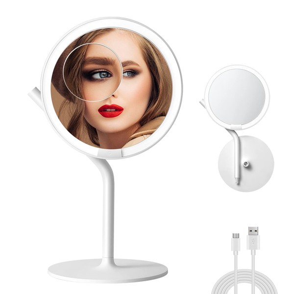 AMIRO 8.5" LED Lighted Makeup Mirror with 5 Level Brightness, Touch Control, 180° Rotation (White Plastic LED Mirror)
