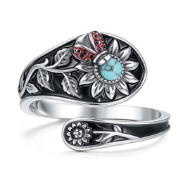 Nisgoin Sunflower Spoon Rings for Women- 925 Sterling Silver Turquoise Spoon Ring Adjustable Boho Flower Thumb Ring Cute Animal Ladybug Band Jewelry Gifts