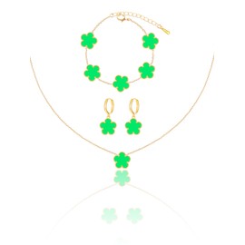 Qinpan Gold Plated Five Leaf Clover Dot Necklace Bracelet and Dangle Earrings Set for Women Lucky Flower Jewelry, 13*13mm, Stainless Steel, No Gemstone