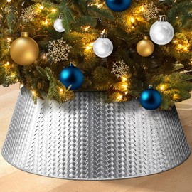 EIMMBD Metal Christmas Tree Collar, 28 Inch Christmas Tree Collar Basket Skirt for Large Christmas Tree, Artificial Tree Skirt Holiday Christmas Decorations Indoor Outdoor(Silver)