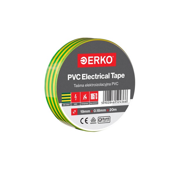 ERKO Electrical Insulation Tape Yellow-Green 3/4in x 66ft PVC Electrical