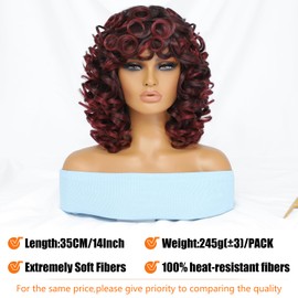 Short Curly Kinky Wigs with Bangs for Black Women Black Mixed Burgundy Color Afro Loose Curly Wigs for Black Women Fluffy Synthetic Hair Wig Afro Curly Wigs for Women 250g (14 Inch, T1B-BUG)