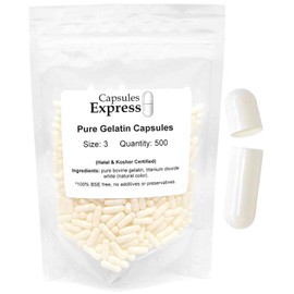 Capsules Express- Size 3 White Empty Gelatin Capsules 500 Count - Kosher and Halal - Pure Gelatin Pill Capsule - DIY Powder Filling