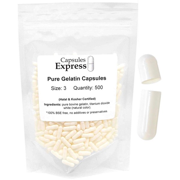 Capsules Express- Size 3 White Empty Gelatin Capsules 500 Count - Kosher and Halal - Pure Gelatin Pill Capsule - DIY Powder Filling