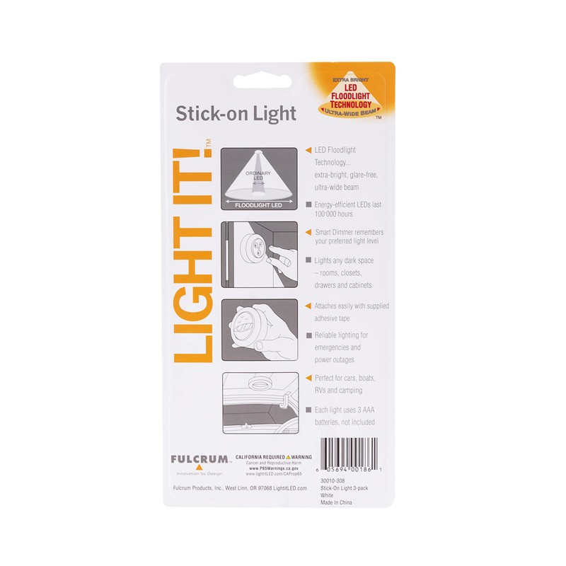 LIGHT IT! by Fulcrum, 30010-308 Stick-On Light, White, 3 Pack