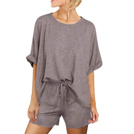 Tankaneo Womens 2 Piece Lounge Sets Oversized Short Sleeve T-shirts Drawstring Shorts Pajamas Summer Outfits Taupe