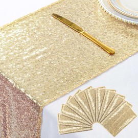 ShinyBeauty Dining Table Runners 10 Packs of 12 X 108 Sequin Table Runner Light Gold Coffee Table Runner Christmas Table Runner 108 Inches Long for Outdoor Thanksgiving Kitchen Party Wedding Dining