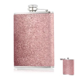 8 Oz Hip Flasks for Women Men, Pink Sparkling Portable Alcohol Flask