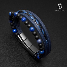 Uniqal Men's Genuine Leather Bracelet with Natural Stones "Fancy" Men's Nature Stone Bracelet Stainless Steel Men Case Box Free, Stainless Steel