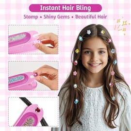 DIY Hair Salon Toys for Girls, Hair Gem Stamper Kit And Hair Rope Braider, Bling Hair Jewels Styling Tool with Glitter Diamonds Comb Beads Accessories