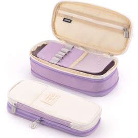 ANGOOBABY Large Pencil Case, Pen Case For Girls & Boys, Elementary School, High School, College Students, Adults (Purple + Beige)