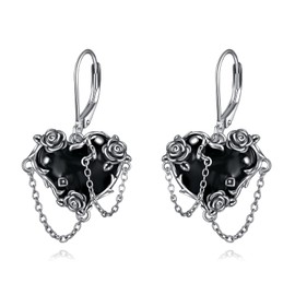 SHEAISRS Black Rose Earrings for Women 925 Sterling Silver Gothic Jewelry Black Heart Witchy Earrings Dangle Vampire Earrings Mother's Day