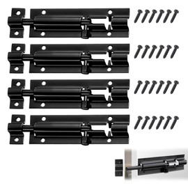 Security Door Bolt Made of Stainless Steel, Pack of 4 Sliding Door Lock with 24 Screws, Sliding Lock Door Bolt Latch, Stainless Steel Bolt Lock for Garden Gate, Bathroom, Shed (4 Inches, Black)