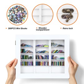 DIIWOODX Anxiety Bookshelf Mini Books with 300PCS Mini Bookshelf Shake Away Your Anxiety Wooden Miniature Book Library for Stress Relief, Home and Office Decor, Unique Gift for Book Lovers - White