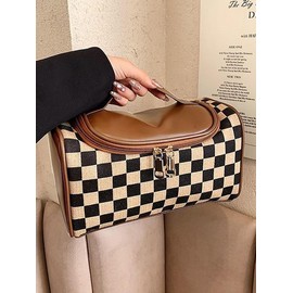 Fashion Colorblock Checked Pattern Makeup Bag, Casual Versatile Zipper Makeup Pu Leather Storage Bag, Makeup Organizer Pouch for Women & Girls:_Black_Please Refer To The Pictures for Dimensions