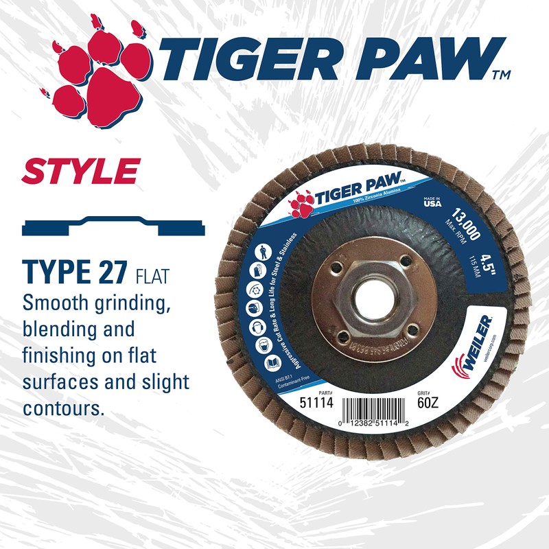 Weiler 51114 4-1/2" Tiger Paw Abrasive Flap Disc, Flat (Ty27),