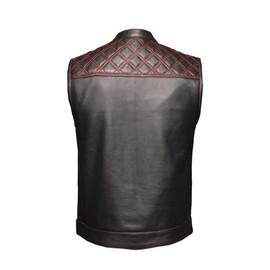 V6671 Mens Black Leather Motorcycle Club Vest with Diamond-Top Stitching - XL