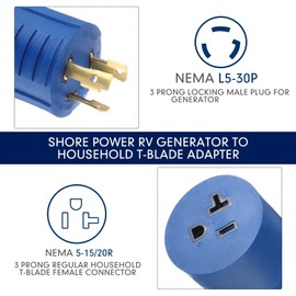Kanayu Shore Power Rv Generator Adapter Compatible with Nema L5-30p to 5-15/5-20r Marine 30 Amp to 110v 15 Amp/120v 20 Amp Household Regular Inlet Connector, 30a 3 Prong Locking Generator Cord(Blue)